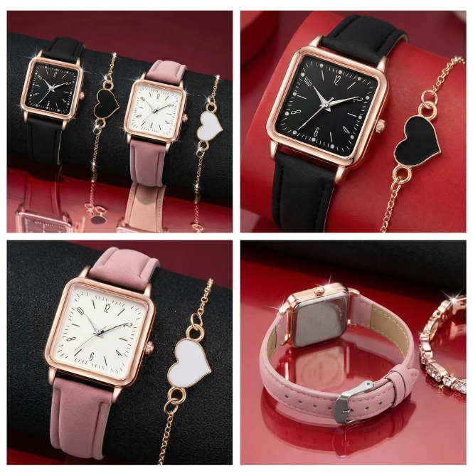 4 In 1 Couple Watch And Bracelet Set Square Dial Quartz personality style Wristwatches Couple Bracelet  Heart Charm Bracelets Lovers' Watches Fashion Valentine Accessories Gift Set