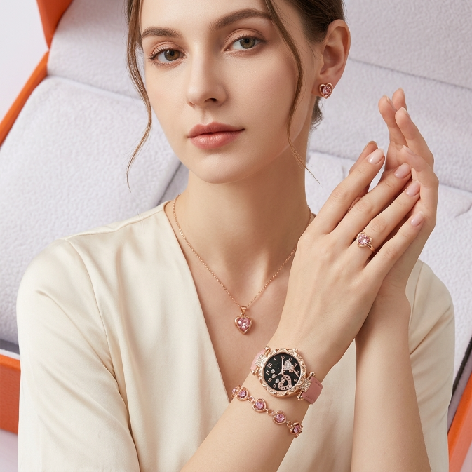 5 In 1 Ladies Watch Jewelry Set Watch Ring Necklace Earrings Bracelet Set Pink Crystal Waterproof Watch Set Wristwatch Ladies' Love Dial Quartz Watch Can Be Used As Romantic Gift Or Prop Shooting