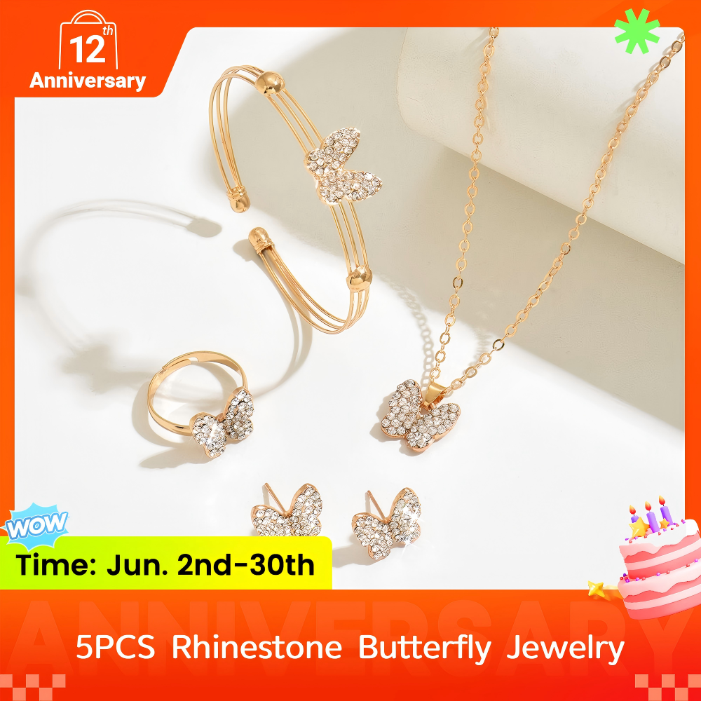 ZHJH Butterfly Jewelry Set for Women Ladies Diamond Love Heart Necklace Ring Bracelet Suit