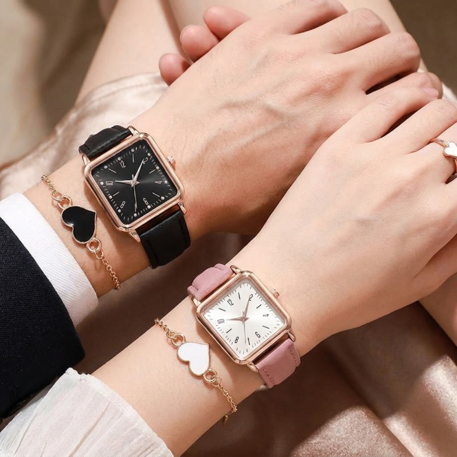 4 In 1 Couple Watch And Bracelet Set Square Dial Quartz personality style Wristwatches Couple Bracelet  Heart Charm Bracelets Lovers' Watches Fashion Valentine Accessories Gift Set