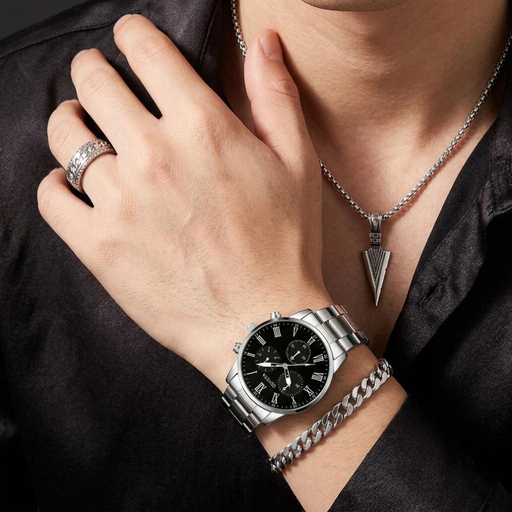 4 In 1 Men's Watch Set And Jewelry Set Steel Belt Cuban Bracelet Snake Bone Necklace Ring Steel Belt Men's Three Eye Quartz Watch Triangle Pendant Jewelry Set For Daily Wear Or As A Gift For Friends