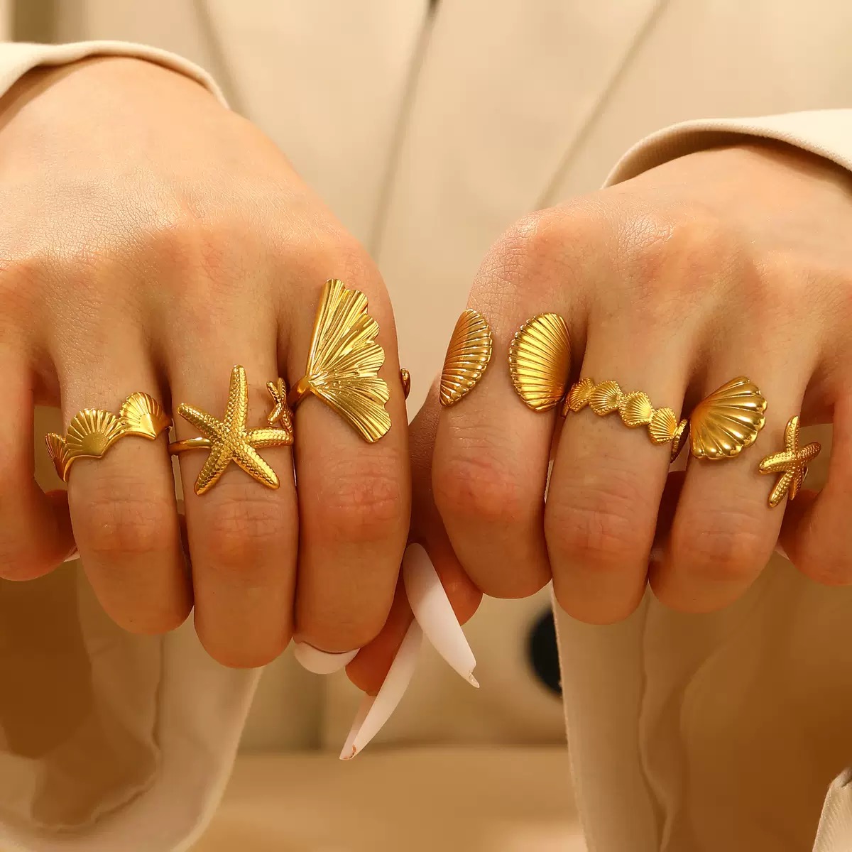 ZHJH 6Pcs Set Starfish Shell  Ginkgo Leaf Gold Ring Adjustable Open Ring Vintage Style Fashion Women Stackable Exaggerated Jewelry Set For Daily Use Party Nightclub Beach Trip Summer Vacatio