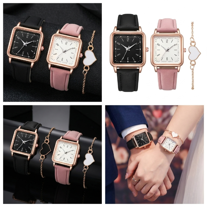 4 In 1 Couple Watch And Bracelet Set Square Dial Quartz personality style Wristwatches Couple Bracelet  Heart Charm Bracelets Lovers' Watches Fashion Valentine Accessories Gift Set
