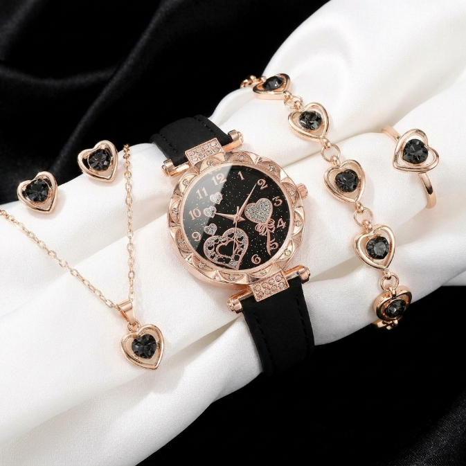 5 In 1 Ladies Watch Jewelry Set Watch Ring Necklace Earrings Bracelet Set Pink Crystal Waterproof Watch Set Wristwatch Ladies' Love Dial Quartz Watch Can Be Used As Romantic Gift Or Prop Shooting