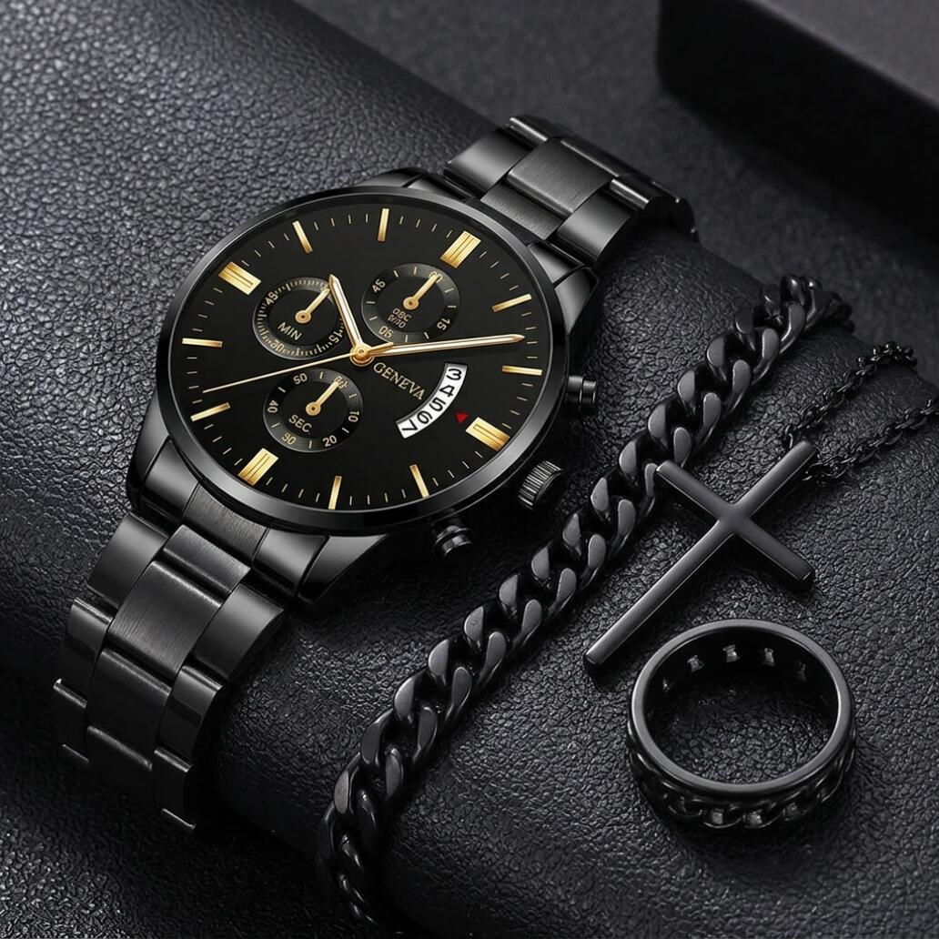 4 In 1 Men's Watch And Jewelry Set Exquisite Titanium Steel Thickened Chain Cuban Bracelet Snake Bone Necklace Ring Set Three Eye Quartz Calendar With Stainless Steel Band Not Easy to Fade Daily Wear