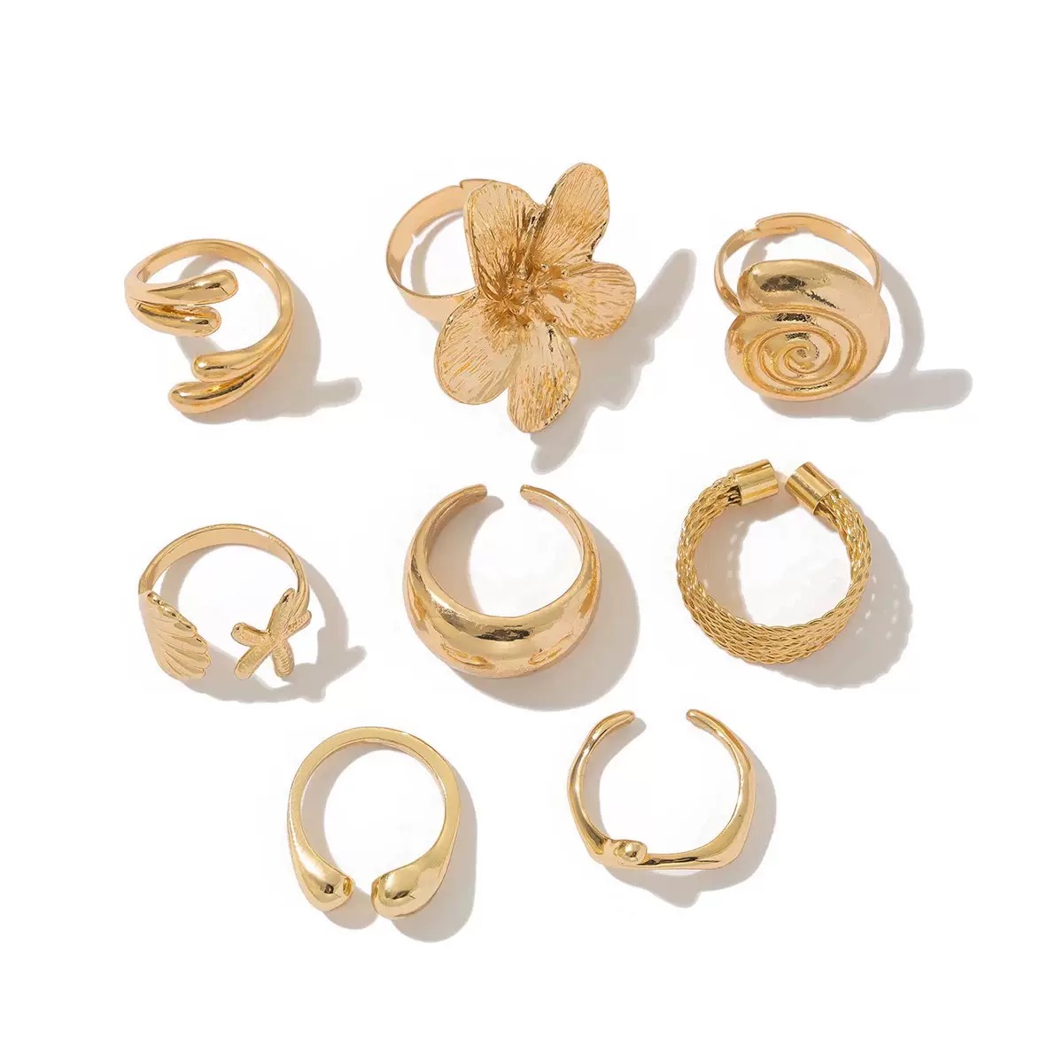 ZHJH 8Pcs Set Flower Conch Shell Gold Ring Vintage Style Fashion Women Stackable Exaggerated Jewelry Set For Daily Use Party Nightclub Beach Trip Summer Vacation Dating Birthday Anniversary Gift