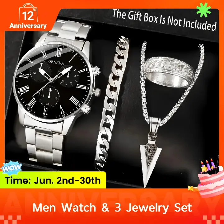 4 In 1 Men's Watch Set And Jewelry Set Steel Belt Cuban Bracelet Snake Bone Necklace Ring Steel Belt Men's Three Eye Quartz Watch Triangle Pendant Jewelry Set For Daily Wear Or As A Gift For Friends