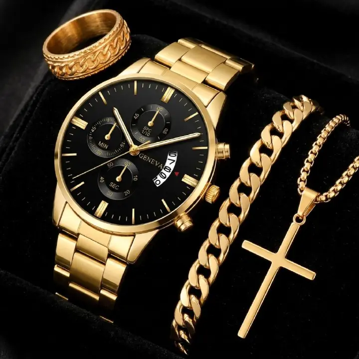 4 In 1 Men's Watch And Jewelry Set Exquisite Titanium Steel Thickened Chain Cuban Bracelet Snake Bone Necklace Ring Set Three Eye Quartz Calendar With Stainless Steel Band Not Easy to Fade Daily Wear