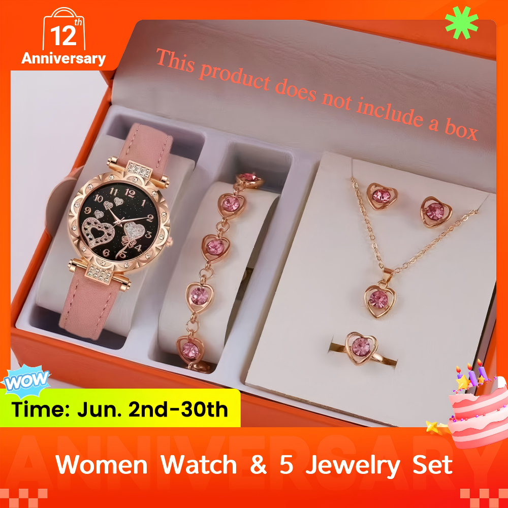 5 In 1 Ladies Watch Jewelry Set Watch Ring Necklace Earrings Bracelet Set Pink Crystal Waterproof Watch Set Wristwatch Ladies' Love Dial Quartz Watch Can Be Used As Romantic Gift Or Prop Shooting