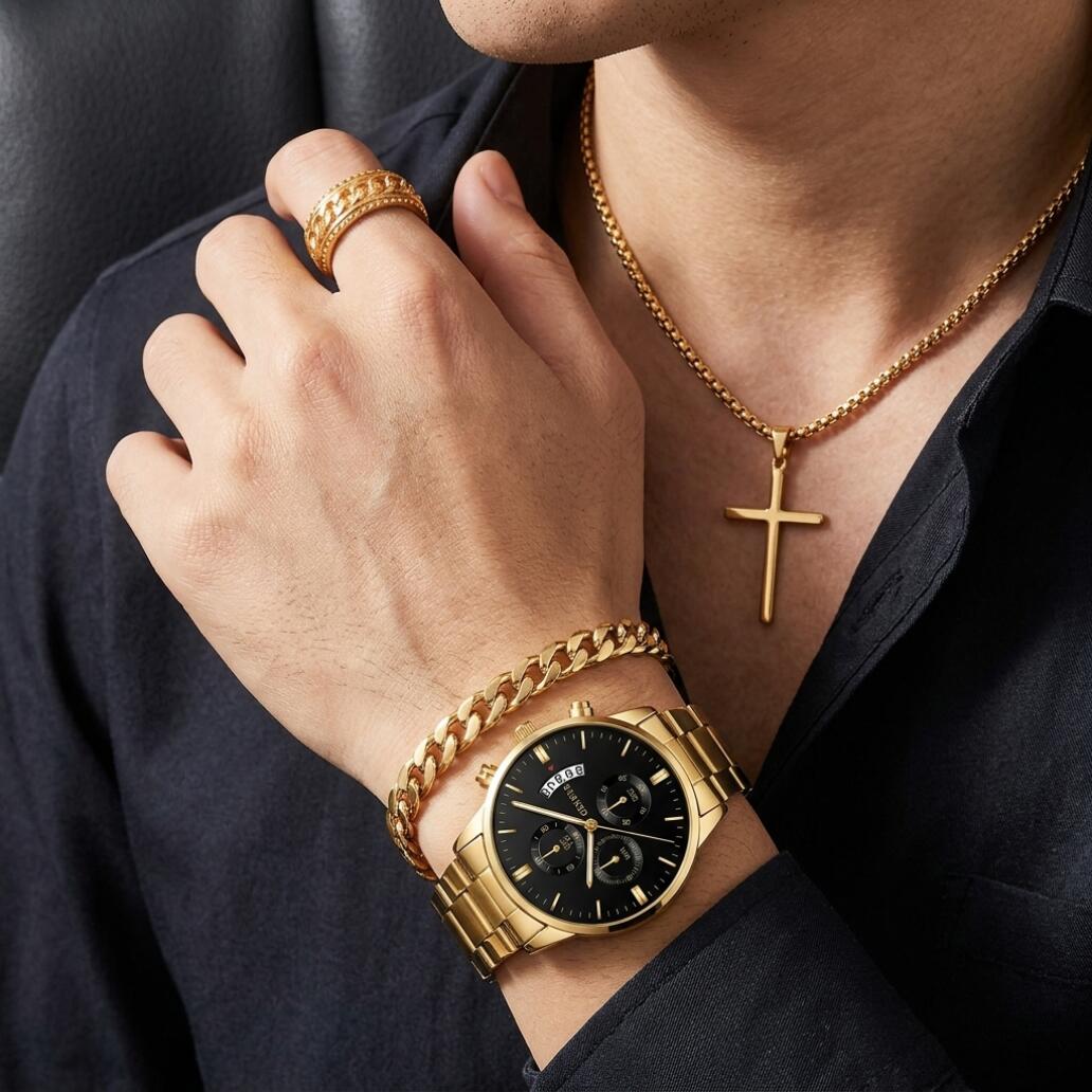 4 In 1 Men's Watch And Jewelry Set Exquisite Titanium Steel Thickened Chain Cuban Bracelet Snake Bone Necklace Ring Set Three Eye Quartz Calendar With Stainless Steel Band Not Easy to Fade Daily Wear