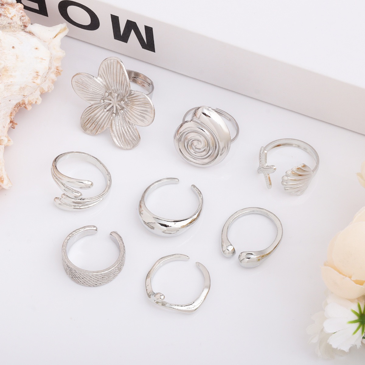 ZHJH 8Pcs Set Flower Conch Shell Gold Ring Vintage Style Fashion Women Stackable Exaggerated Jewelry Set For Daily Use Party Nightclub Beach Trip Summer Vacation Dating Birthday Anniversary Gift