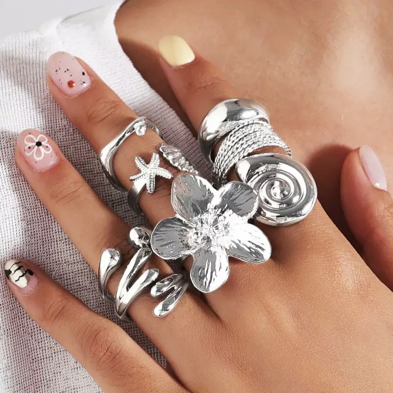 ZHJH 8Pcs Set Flower Conch Shell Gold Ring Vintage Style Fashion Women Stackable Exaggerated Jewelry Set For Daily Use Party Nightclub Beach Trip Summer Vacation Dating Birthday Anniversary Gift