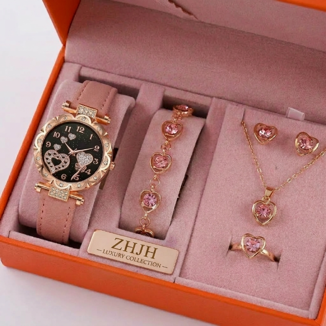 5 In 1 Ladies Watch Jewelry Set Watch Ring Necklace Earrings Bracelet Set Pink Crystal Waterproof Watch Set Wristwatch Ladies' Love Dial Quartz Watch Can Be Used As Romantic Gift Or Prop Shooting