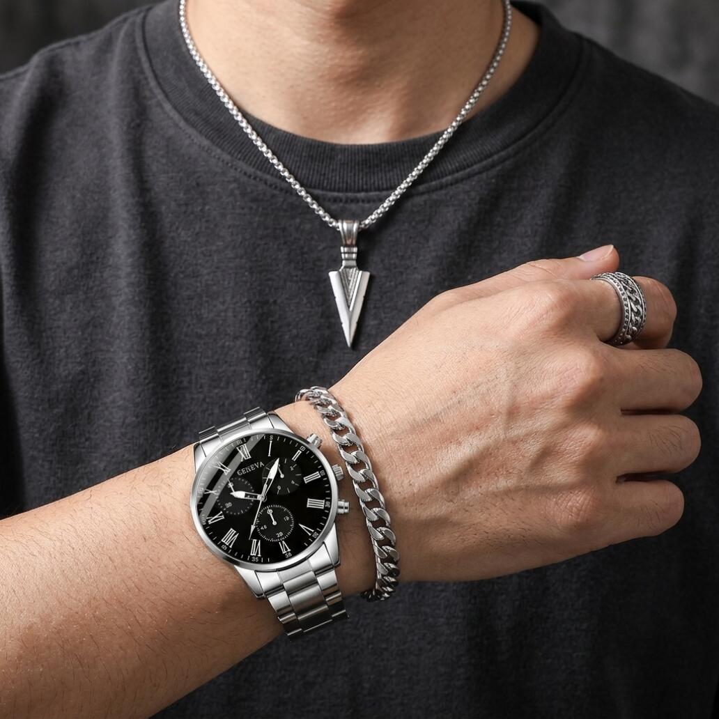 4 In 1 Men's Watch Set And Jewelry Set Steel Belt Cuban Bracelet Snake Bone Necklace Ring Steel Belt Men's Three Eye Quartz Watch Triangle Pendant Jewelry Set For Daily Wear Or As A Gift For Friends