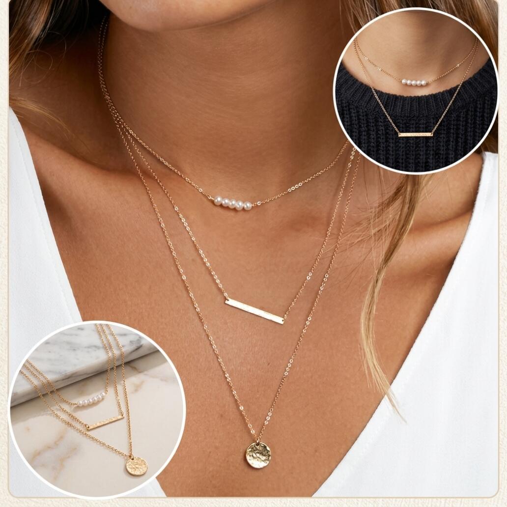 3 Layered Pearl Bar Coin Necklace Set Dainty Gold Layered Necklace With Pearl Beads Bar Pendant And Disc Charm For Women Girls Daily Party Wedding Wear