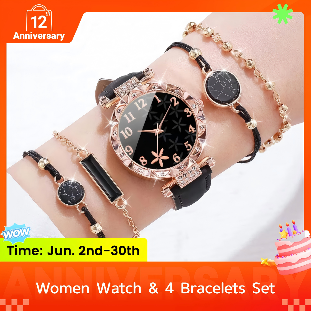 4 In 1 Women's Watch And Bracelet Set Women's Jewelry Set Flower Watch Sparkling Crystal Quartz Wristwatch With Black Leather Strap And Marble Pattern Bracelets Fashion Casual For Gift Daily Wear