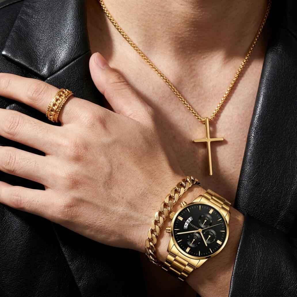 4 In 1 Men's Watch And Jewelry Set Exquisite Titanium Steel Thickened Chain Cuban Bracelet Snake Bone Necklace Ring Set Three Eye Quartz Calendar With Stainless Steel Band Not Easy to Fade Daily Wear