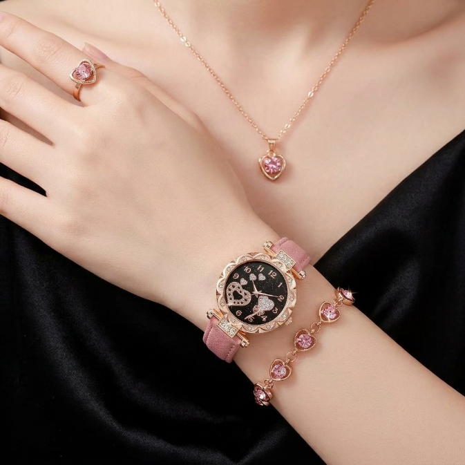 5 In 1 Ladies Watch Jewelry Set Watch Ring Necklace Earrings Bracelet Set Pink Crystal Waterproof Watch Set Wristwatch Ladies' Love Dial Quartz Watch Can Be Used As Romantic Gift Or Prop Shooting