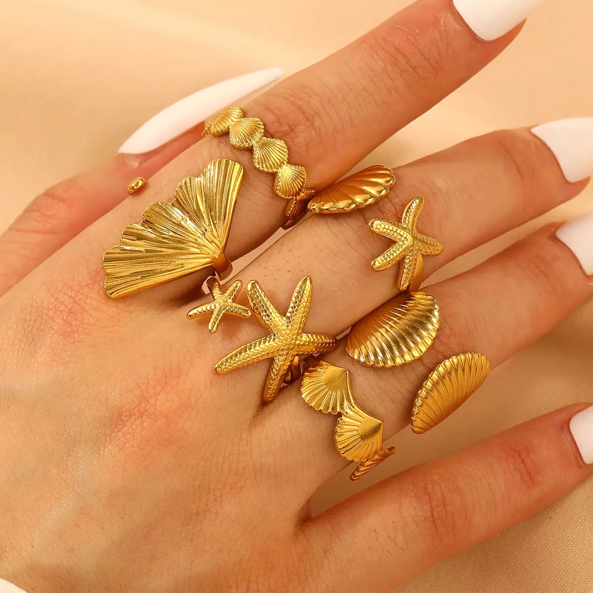 ZHJH 6Pcs Set Starfish Shell  Ginkgo Leaf Gold Ring Adjustable Open Ring Vintage Style Fashion Women Stackable Exaggerated Jewelry Set For Daily Use Party Nightclub Beach Trip Summer Vacatio