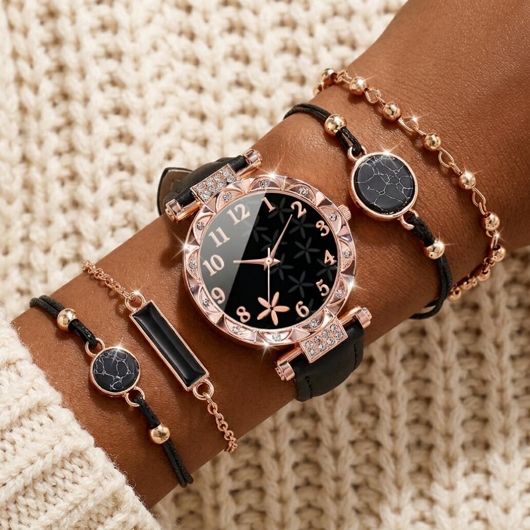 4 In 1 Women's Watch And Bracelet Set Women's Jewelry Set Flower Watch Sparkling Crystal Quartz Wristwatch With Black Leather Strap And Marble Pattern Bracelets Fashion Casual For Gift Daily Wear