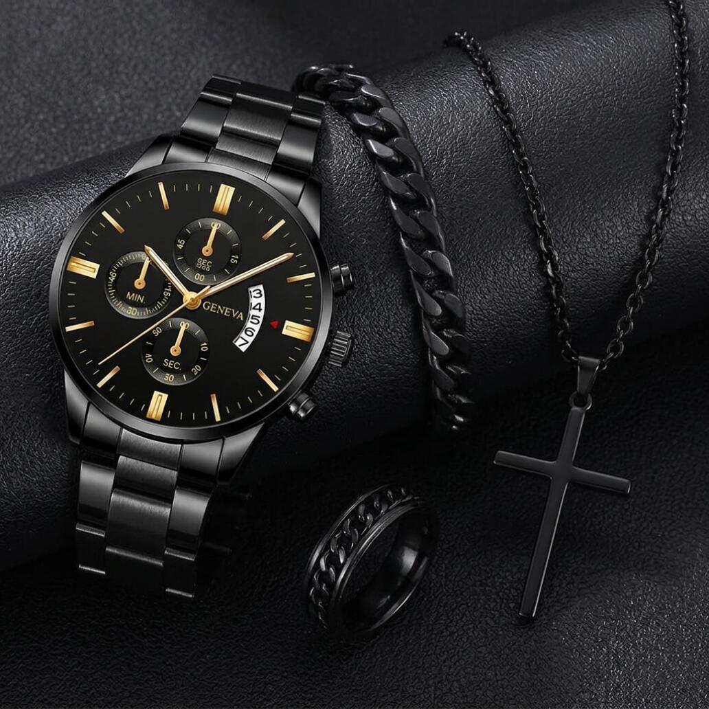 4 In 1 Men's Watch And Jewelry Set Exquisite Titanium Steel Thickened Chain Cuban Bracelet Snake Bone Necklace Ring Set Three Eye Quartz Calendar With Stainless Steel Band Not Easy to Fade Daily Wear