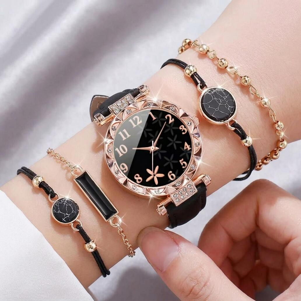 4 In 1 Women's Watch And Bracelet Set Women's Jewelry Set Flower Watch Sparkling Crystal Quartz Wristwatch With Black Leather Strap And Marble Pattern Bracelets Fashion Casual For Gift Daily Wear