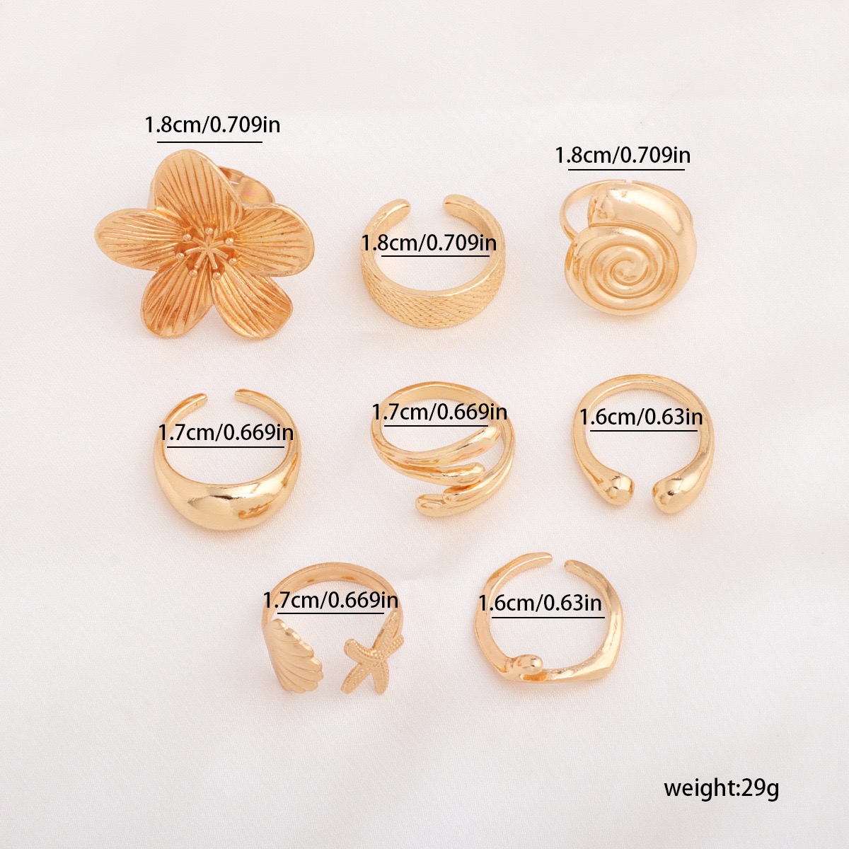 ZHJH 8Pcs Set Flower Conch Shell Gold Ring Vintage Style Fashion Women Stackable Exaggerated Jewelry Set For Daily Use Party Nightclub Beach Trip Summer Vacation Dating Birthday Anniversary Gift