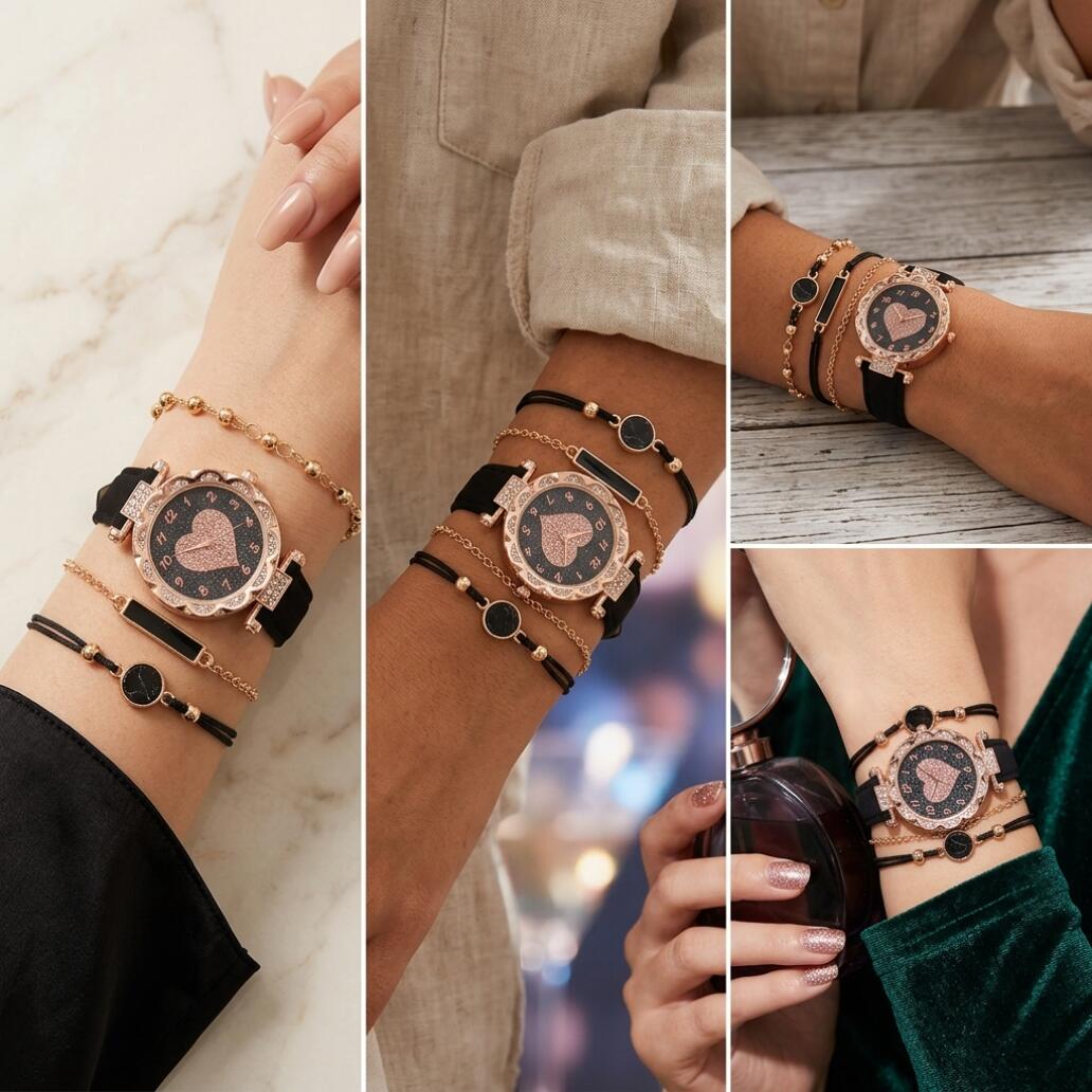 4 In 1 Women's Watch And Bracelet Set Women's Jewelry Set Flower Watch Sparkling Crystal Quartz Wristwatch With Black Leather Strap And Marble Pattern Bracelets Fashion Casual For Gift Daily Wear