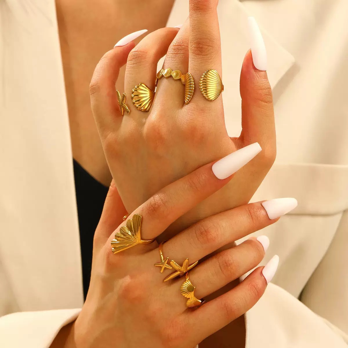 ZHJH 6Pcs Set Starfish Shell  Ginkgo Leaf Gold Ring Adjustable Open Ring Vintage Style Fashion Women Stackable Exaggerated Jewelry Set For Daily Use Party Nightclub Beach Trip Summer Vacatio