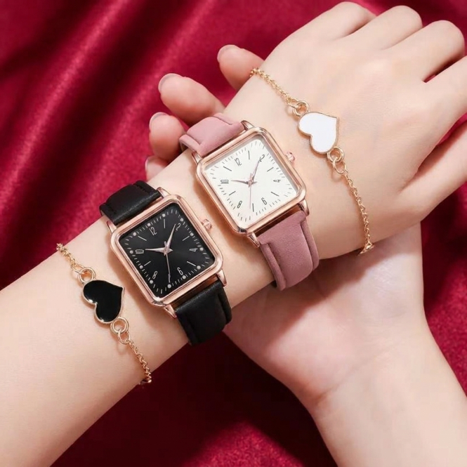 4 In 1 Couple Watch And Bracelet Set Square Dial Quartz personality style Wristwatches Couple Bracelet  Heart Charm Bracelets Lovers' Watches Fashion Valentine Accessories Gift Set