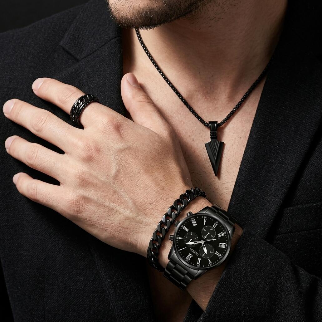 4 In 1 Men's Watch Set And Jewelry Set Steel Belt Cuban Bracelet Snake Bone Necklace Ring Steel Belt Men's Three Eye Quartz Watch Triangle Pendant Jewelry Set For Daily Wear Or As A Gift For Friends