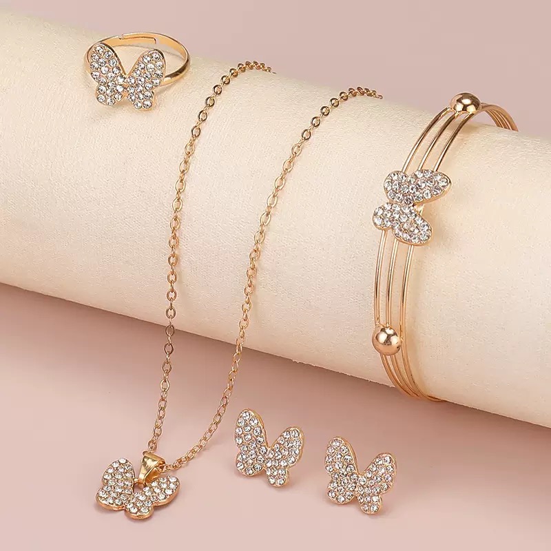 5Pcs Full Rhinestone Butterfly Jewelry Set Non Fade Gold Plated Adjustable Size Necklace Bracelet Ring Earrings Kit Daily Party Wedding Bridal Gift Accessories For Travel Holiday Outfit Matching