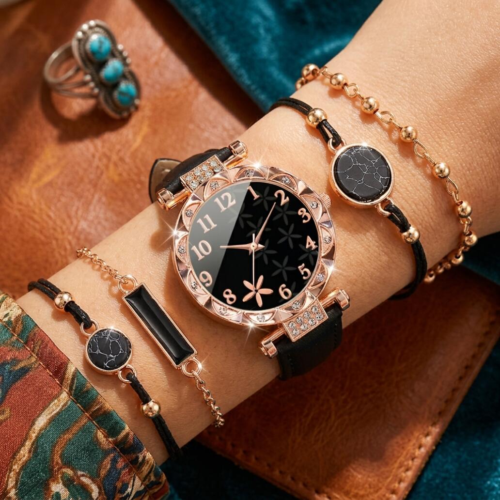 4 In 1 Women's Watch And Bracelet Set Women's Jewelry Set Flower Watch Sparkling Crystal Quartz Wristwatch With Black Leather Strap And Marble Pattern Bracelets Fashion Casual For Gift Daily Wear