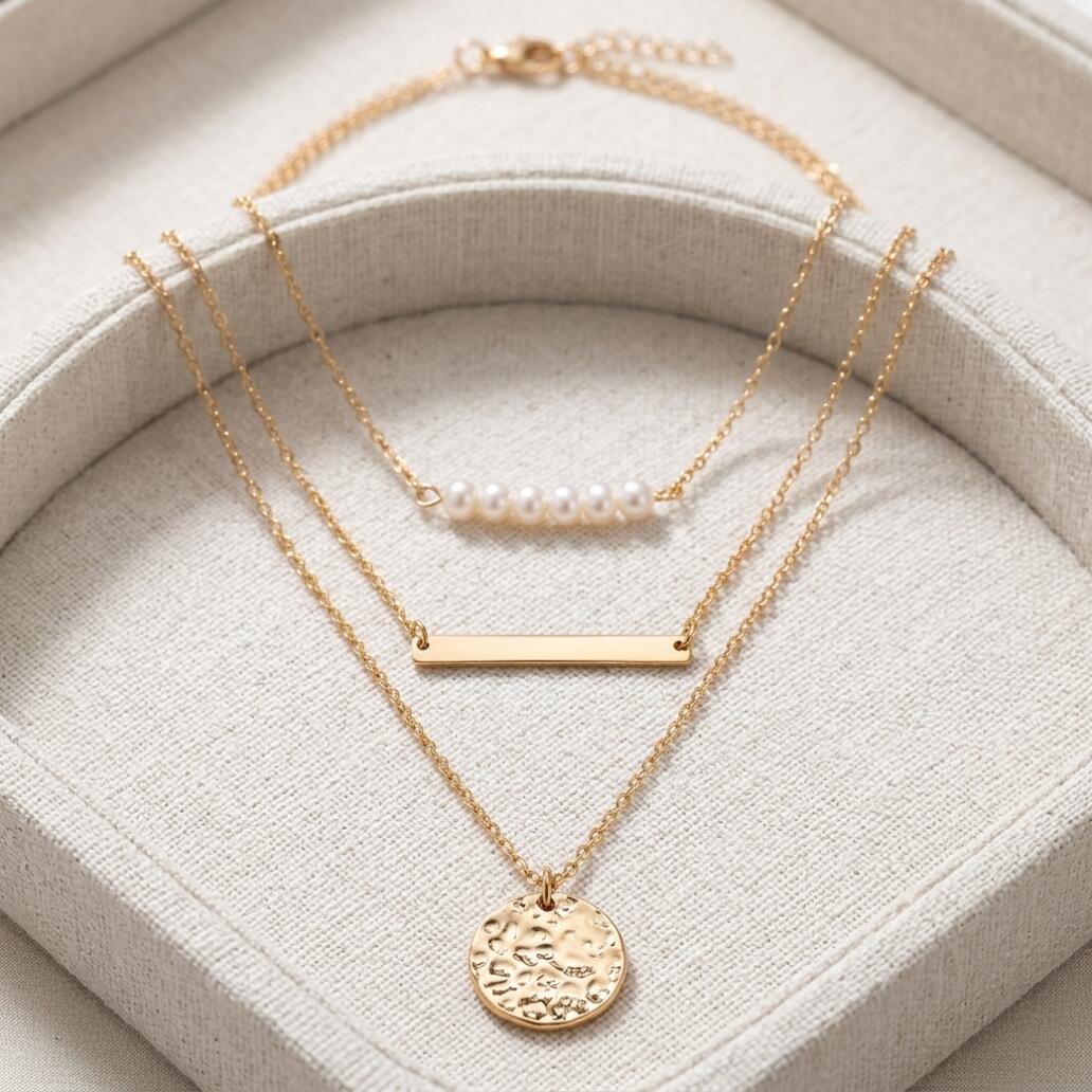 3 Layered Pearl Bar Coin Necklace Set Dainty Gold Layered Necklace With Pearl Beads Bar Pendant And Disc Charm For Women Girls Daily Party Wedding Wear