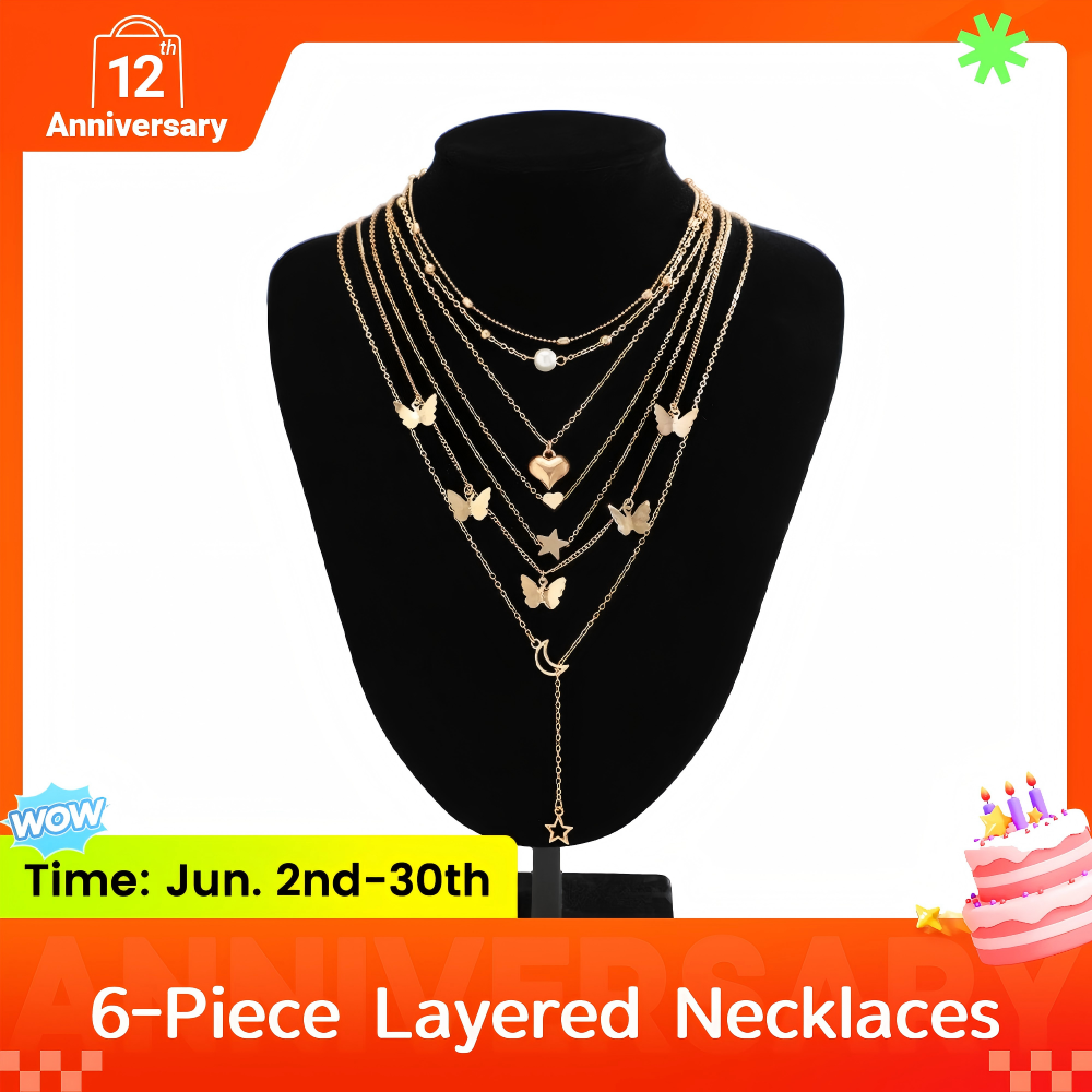 6PCS Ladies' Necklace Luxury Set Butterfly Tassel Layered Moon Pearl Pentagram Set Collarbone Chain Metal Chain Heart Necklace Versatile Personality 6 Mixed And Matched Light Luxury Deluxe Gifts