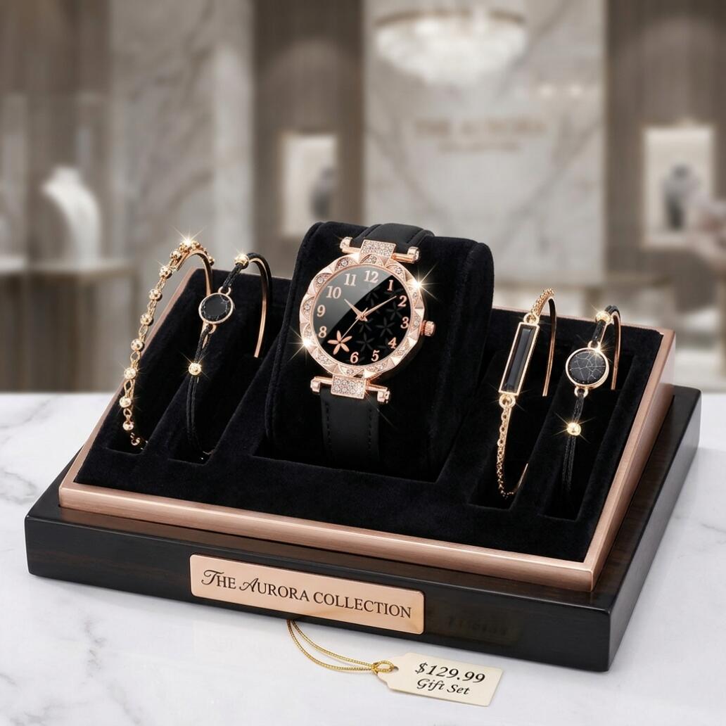 4 In 1 Women's Watch And Bracelet Set Women's Jewelry Set Flower Watch Sparkling Crystal Quartz Wristwatch With Black Leather Strap And Marble Pattern Bracelets Fashion Casual For Gift Daily Wear