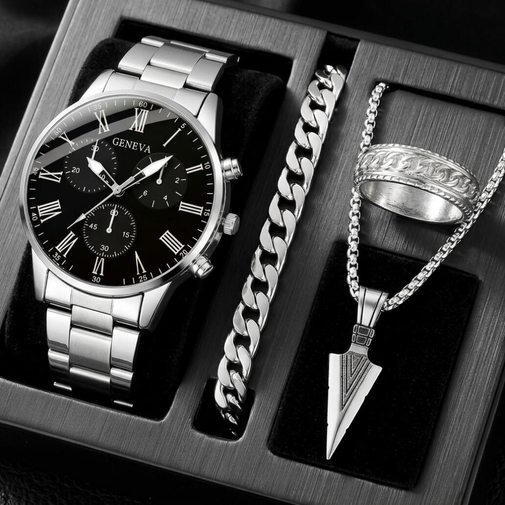 4 In 1 Men's Watch Set And Jewelry Set Steel Belt Cuban Bracelet Snake Bone Necklace Ring Steel Belt Men's Three Eye Quartz Watch Triangle Pendant Jewelry Set For Daily Wear Or As A Gift For Friends