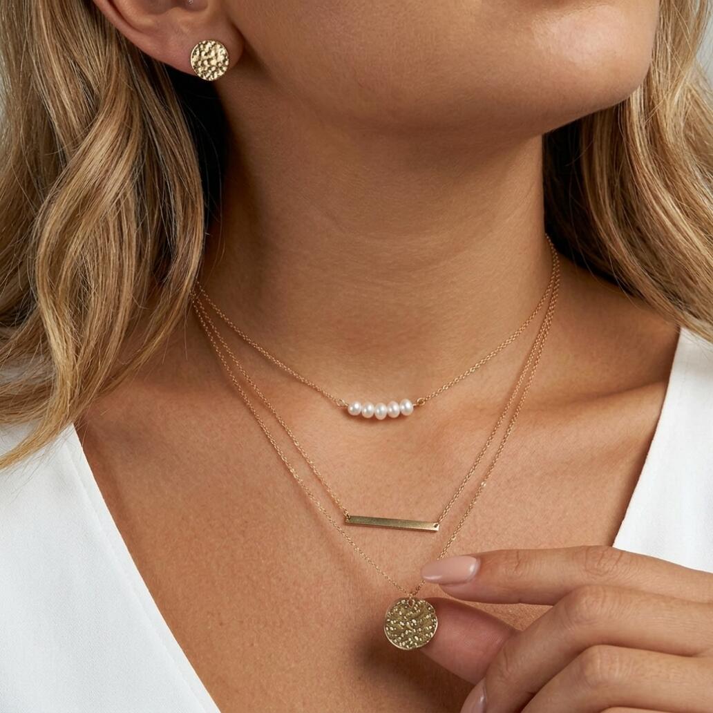 3 Layered Pearl Bar Coin Necklace Set Dainty Gold Layered Necklace With Pearl Beads Bar Pendant And Disc Charm For Women Girls Daily Party Wedding Wear