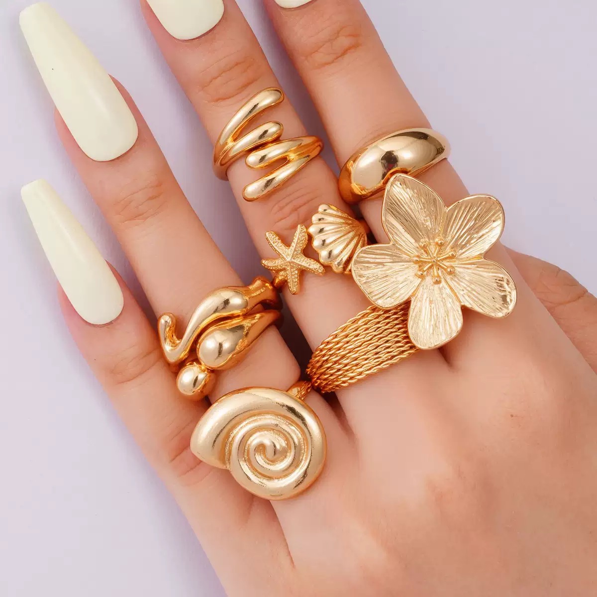 ZHJH 8Pcs Set Flower Conch Shell Gold Ring Vintage Style Fashion Women Stackable Exaggerated Jewelry Set For Daily Use Party Nightclub Beach Trip Summer Vacation Dating Birthday Anniversary Gift