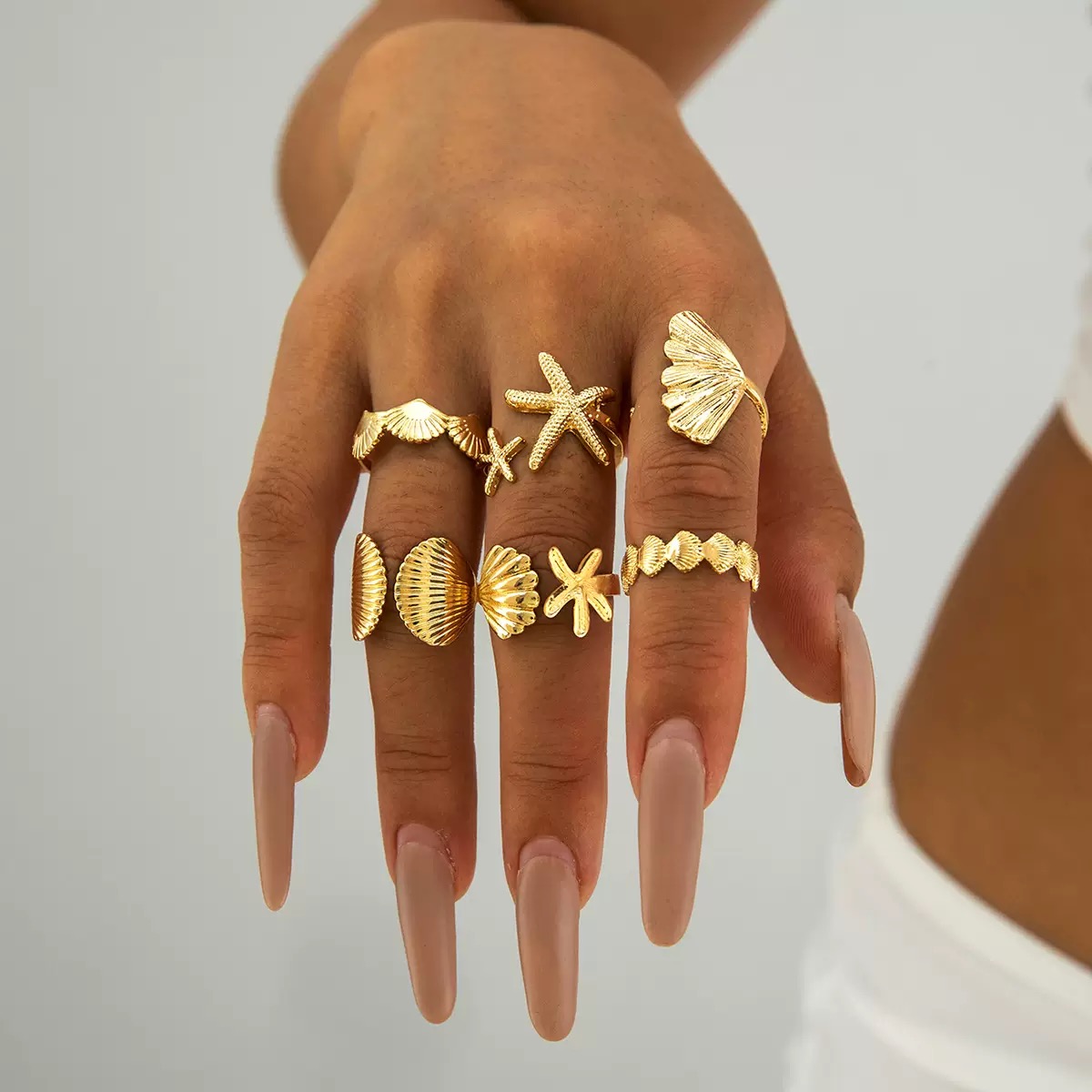 ZHJH 6Pcs Set Starfish Shell  Ginkgo Leaf Gold Ring Adjustable Open Ring Vintage Style Fashion Women Stackable Exaggerated Jewelry Set For Daily Use Party Nightclub Beach Trip Summer Vacatio