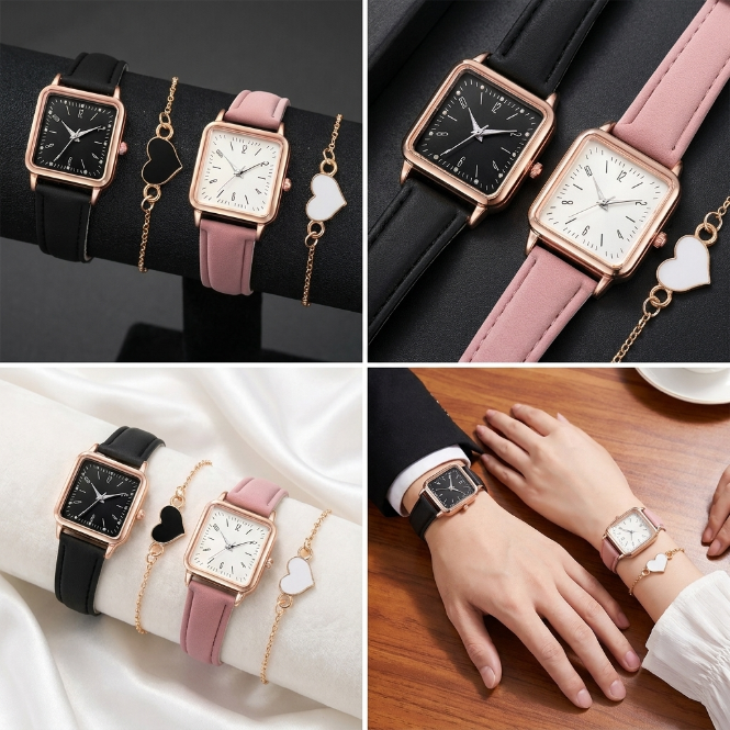 4 In 1 Couple Watch And Bracelet Set Square Dial Quartz personality style Wristwatches Couple Bracelet  Heart Charm Bracelets Lovers' Watches Fashion Valentine Accessories Gift Set