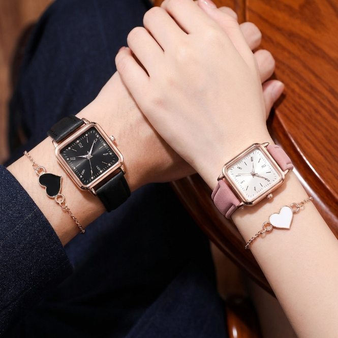 4 In 1 Couple Watch And Bracelet Set Square Dial Quartz personality style Wristwatches Couple Bracelet  Heart Charm Bracelets Lovers' Watches Fashion Valentine Accessories Gift Set