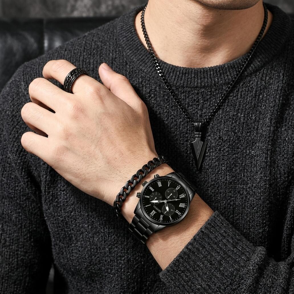 4 In 1 Men's Watch Set And Jewelry Set Steel Belt Cuban Bracelet Snake Bone Necklace Ring Steel Belt Men's Three Eye Quartz Watch Triangle Pendant Jewelry Set For Daily Wear Or As A Gift For Friends
