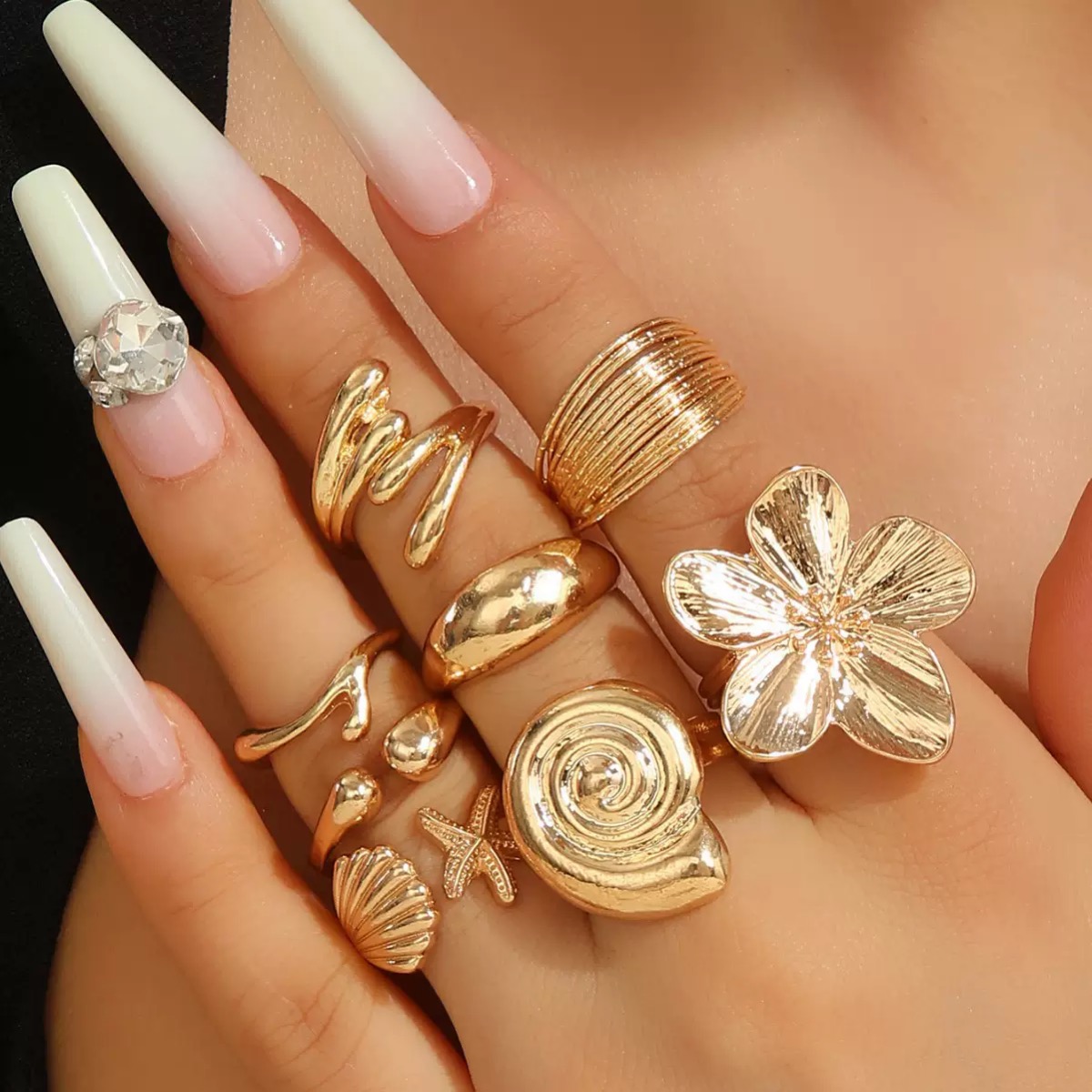 ZHJH 8Pcs Set Flower Conch Shell Gold Ring Vintage Style Fashion Women Stackable Exaggerated Jewelry Set For Daily Use Party Nightclub Beach Trip Summer Vacation Dating Birthday Anniversary Gift