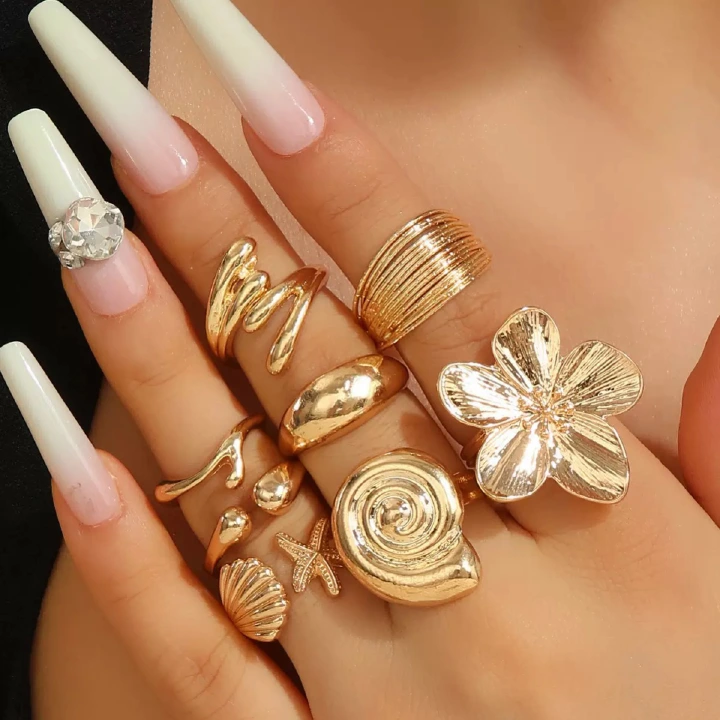 ZHJH 8Pcs Set Flower Conch Shell Gold Ring Vintage Style Fashion Women Stackable Exaggerated Jewelry Set For Daily Use Party Nightclub Beach Trip Summer Vacation Dating Birthday Anniversary Gift