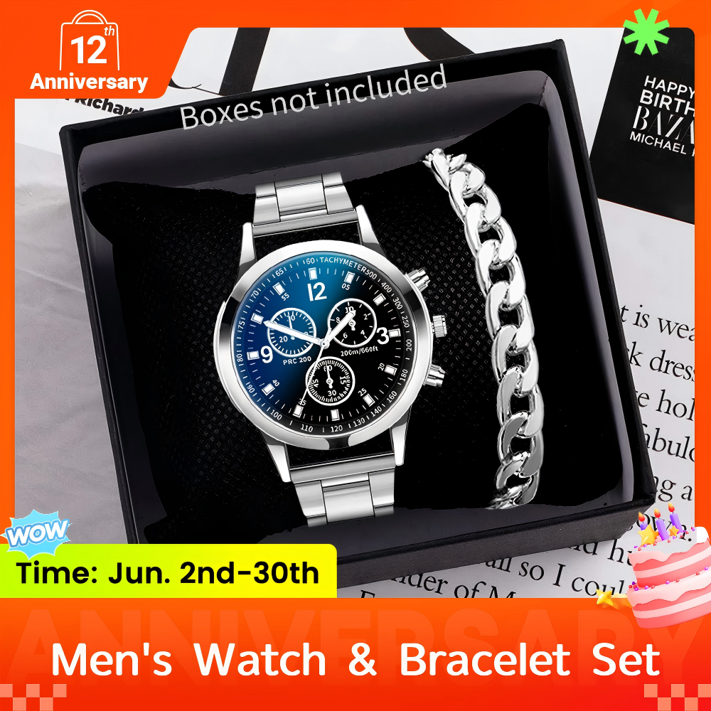 2 In 1 Men's Geneva Watch And Bracelet Set Chronograph Style Blue Dial Quartz Wristwatch With Stainless Steel Band And Matching Cuban Link Bracelet Fashion Casual Accessories Gift Set For Men