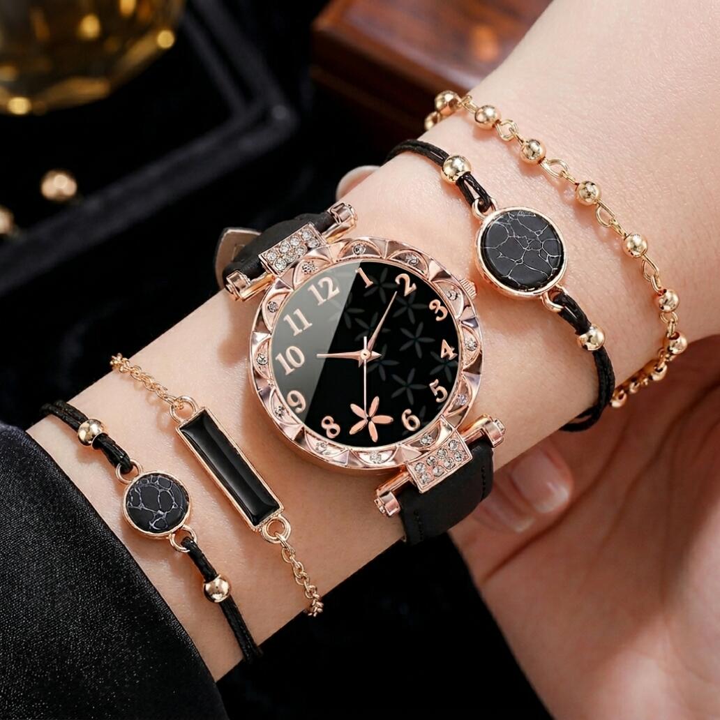 4 In 1 Women's Watch And Bracelet Set Women's Jewelry Set Flower Watch Sparkling Crystal Quartz Wristwatch With Black Leather Strap And Marble Pattern Bracelets Fashion Casual For Gift Daily Wear