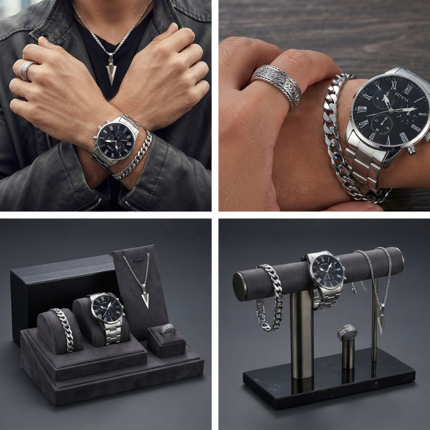 4 In 1 Men's Watch Set And Jewelry Set Steel Belt Cuban Bracelet Snake Bone Necklace Ring Steel Belt Men's Three Eye Quartz Watch Triangle Pendant Jewelry Set For Daily Wear Or As A Gift For Friends