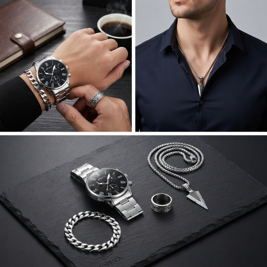 4 In 1 Men's Watch Set And Jewelry Set Steel Belt Cuban Bracelet Snake Bone Necklace Ring Steel Belt Men's Three Eye Quartz Watch Triangle Pendant Jewelry Set For Daily Wear Or As A Gift For Friends