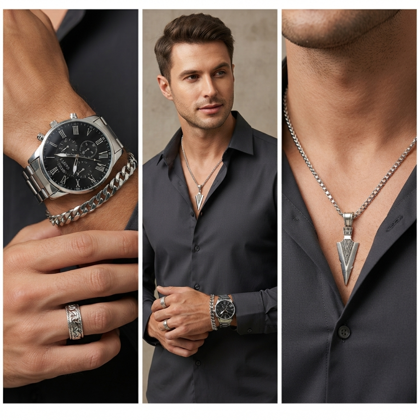 4 In 1 Men's Watch Set And Jewelry Set Steel Belt Cuban Bracelet Snake Bone Necklace Ring Steel Belt Men's Three Eye Quartz Watch Triangle Pendant Jewelry Set For Daily Wear Or As A Gift For Friends